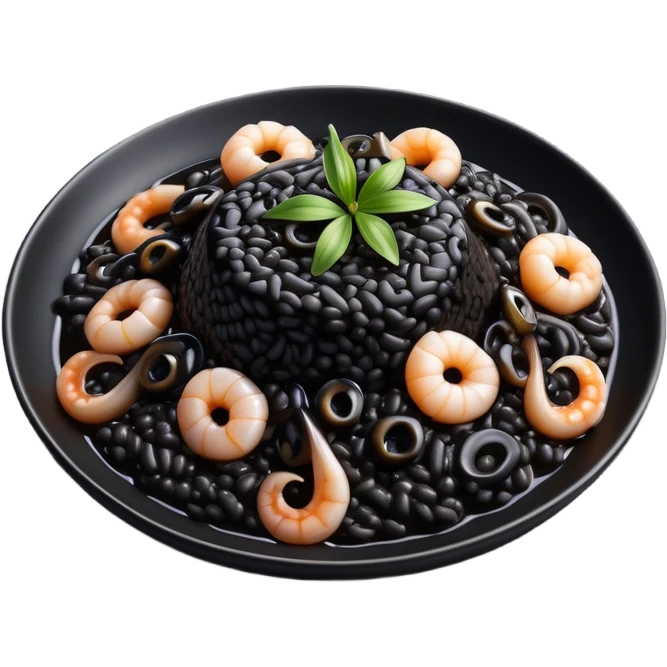 cinematic-realistic-black-risotto-dish-emoji,-showcasing-small squid pieces in black sauce -rendered-with-bold-textures-and-dynamic,-dramatic-lighting. emoji