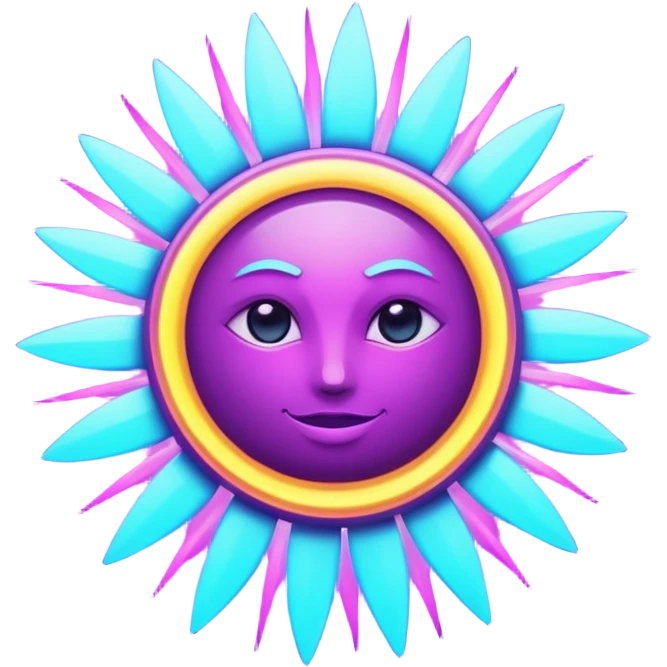 Futuristic glowing sun emoji, neon rays, bright holographic purple and cyan glow, dark background, digital tech style emoji