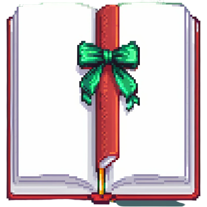 open red hardcover book with green ribbon bookmark emoji