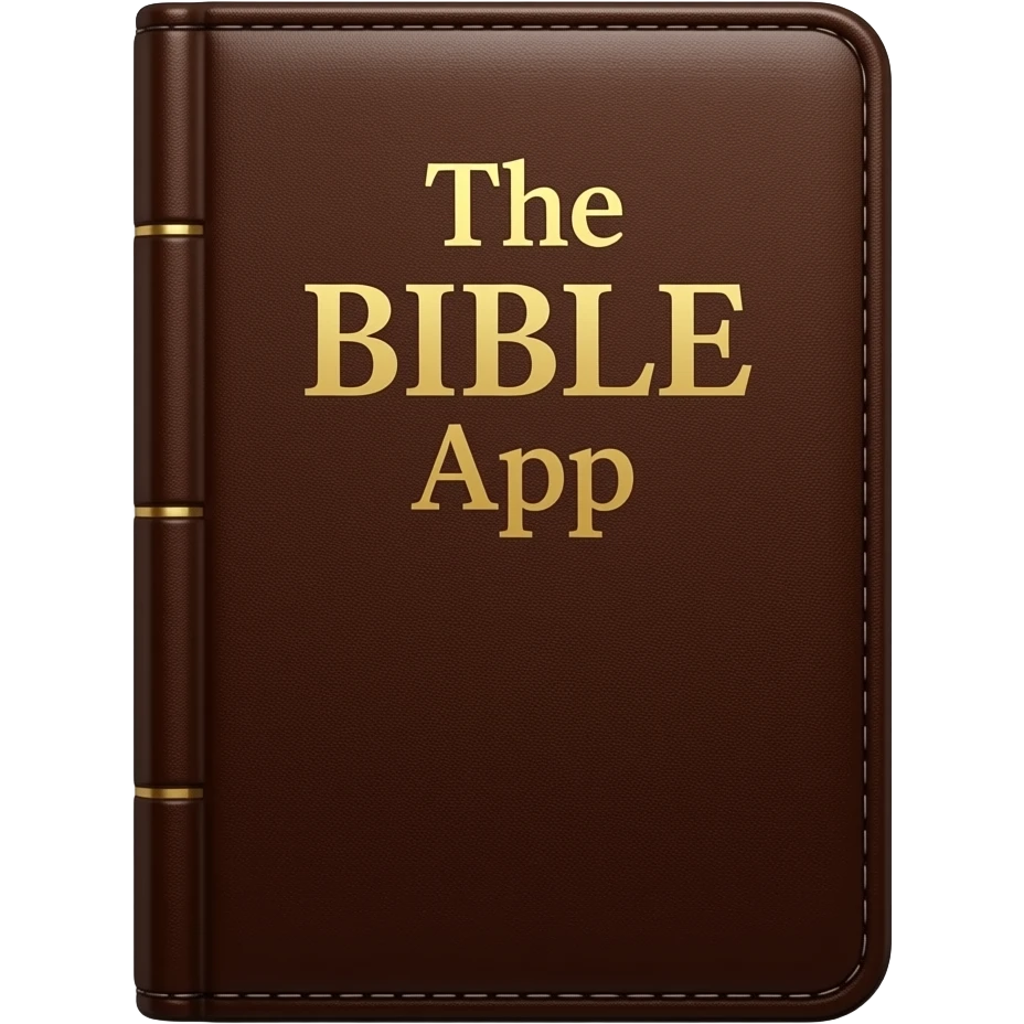 The Bible app..make the text say The BIBLE App, front perspective...darker brown and more realistic brown leather cover. make it more symmetrical emoji