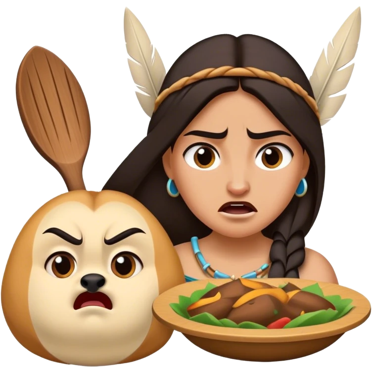 Cinematic Funny Pocahontas Portrait Emoji, Looking bewildered as Meeko steals her food, one brow raised in playful frustration, a warrior princess caught in a hilariously relatable moment, wild yet endearing! emoji