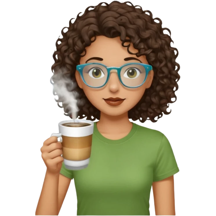 White girl with dark brown curly hair, brown eyes, sky blue glasses, nose ring, green t shirt, drinking coffee from a glass cup emoji