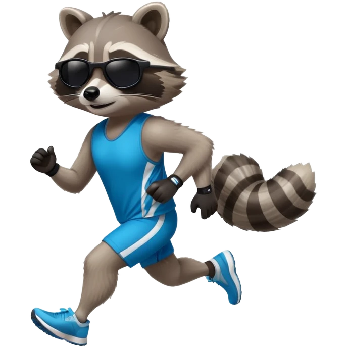 friendly anthropomorphised raccoon in sports wear, wearing dark sunglasses, jogging upright in relaxed pose emoji