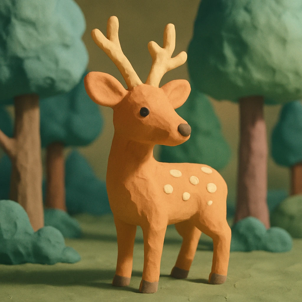 deer standing in a forest, pastel colors, visible fingerprints, playful and textured, claymation style emoji