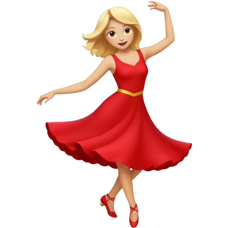 a yellow-blonde woman dancing wearing a red dress, in flat emoji / Apple style, smooth shapes, glossy highlights, bright saturated colors, simple features, minimal details, no outlines, red clothes flowing, joyful pose
 emoji