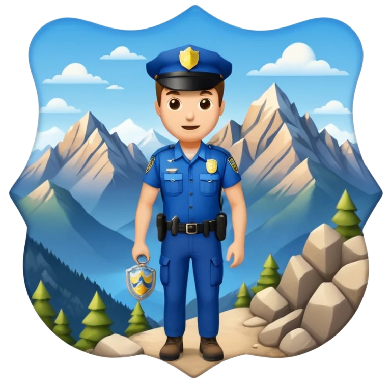 Adventurous man hiking with a police badge with mountains in the background emoji