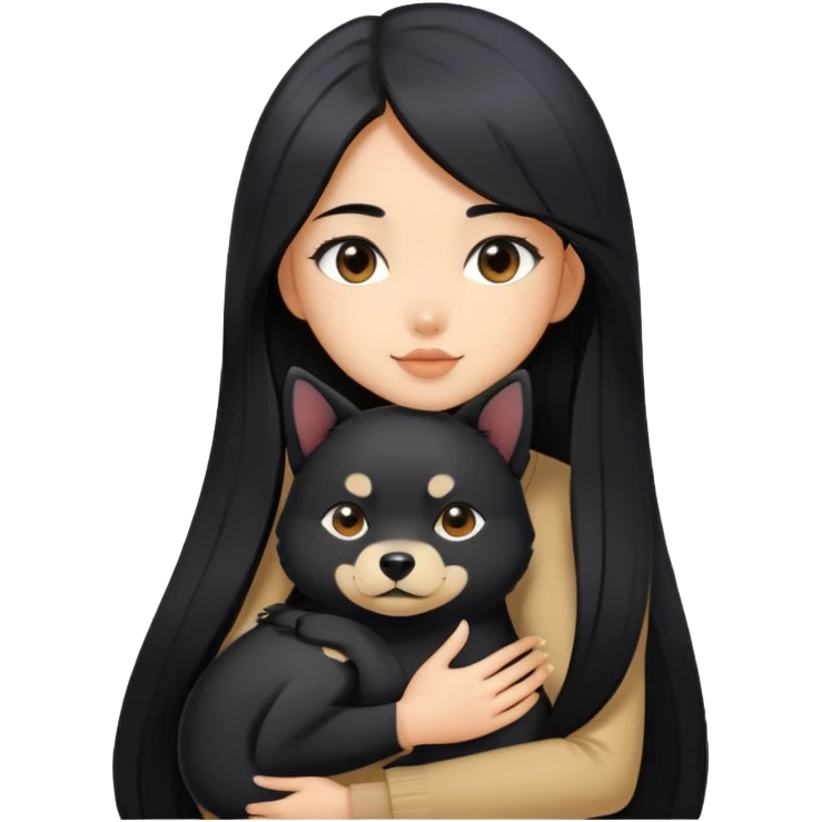 A beautiful girl with long black hair hugs a Black Shiba Lnu emoji