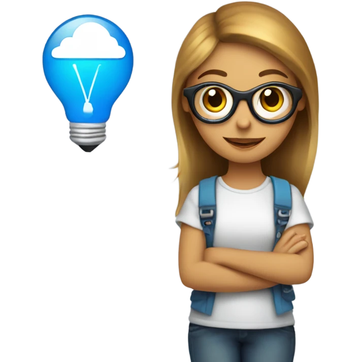 a tech girl with drawing tools, light bulb, cloud, blue heart emoji
