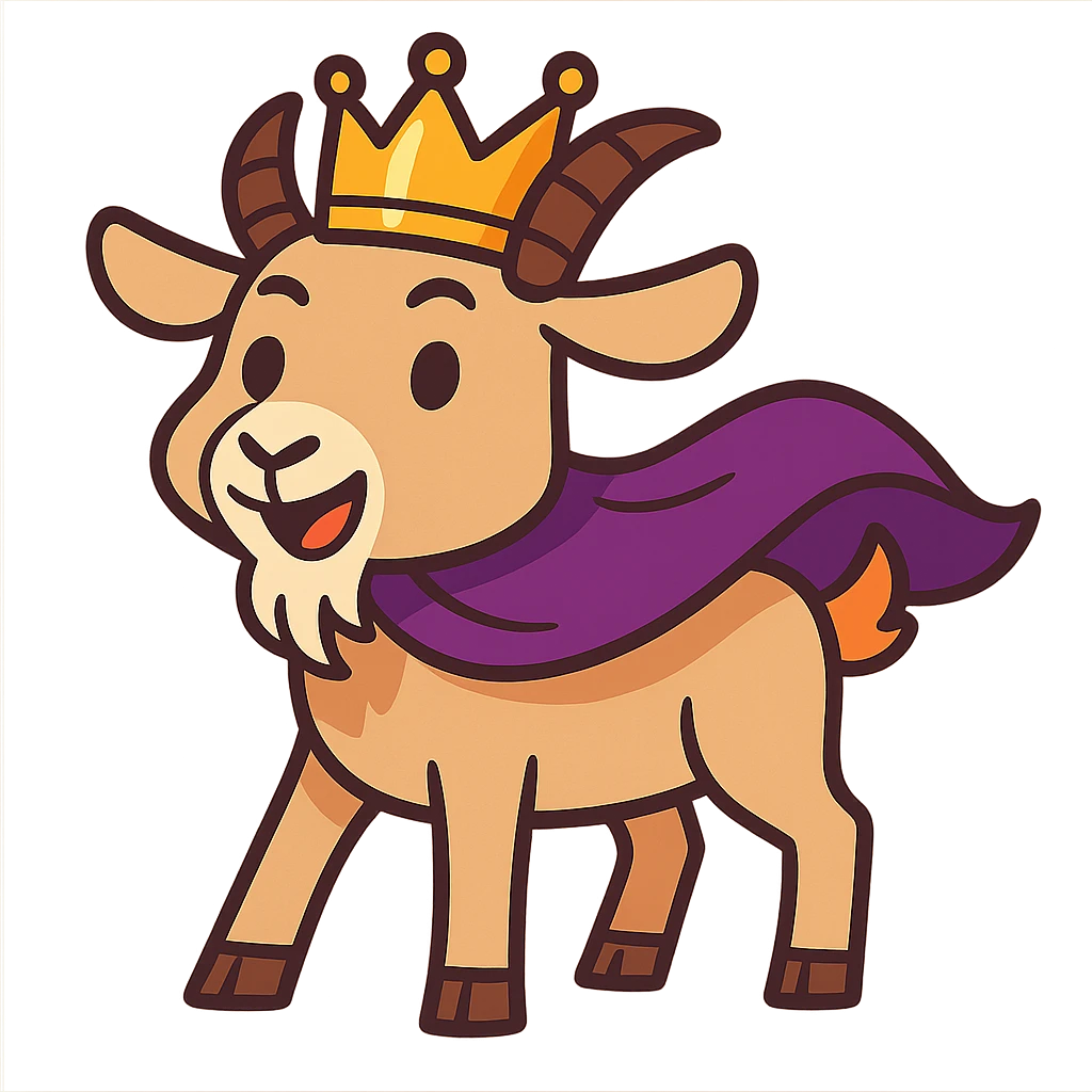 cartoon goat with a shiny gold crown and flowing purple cape, majestic and playful emoji