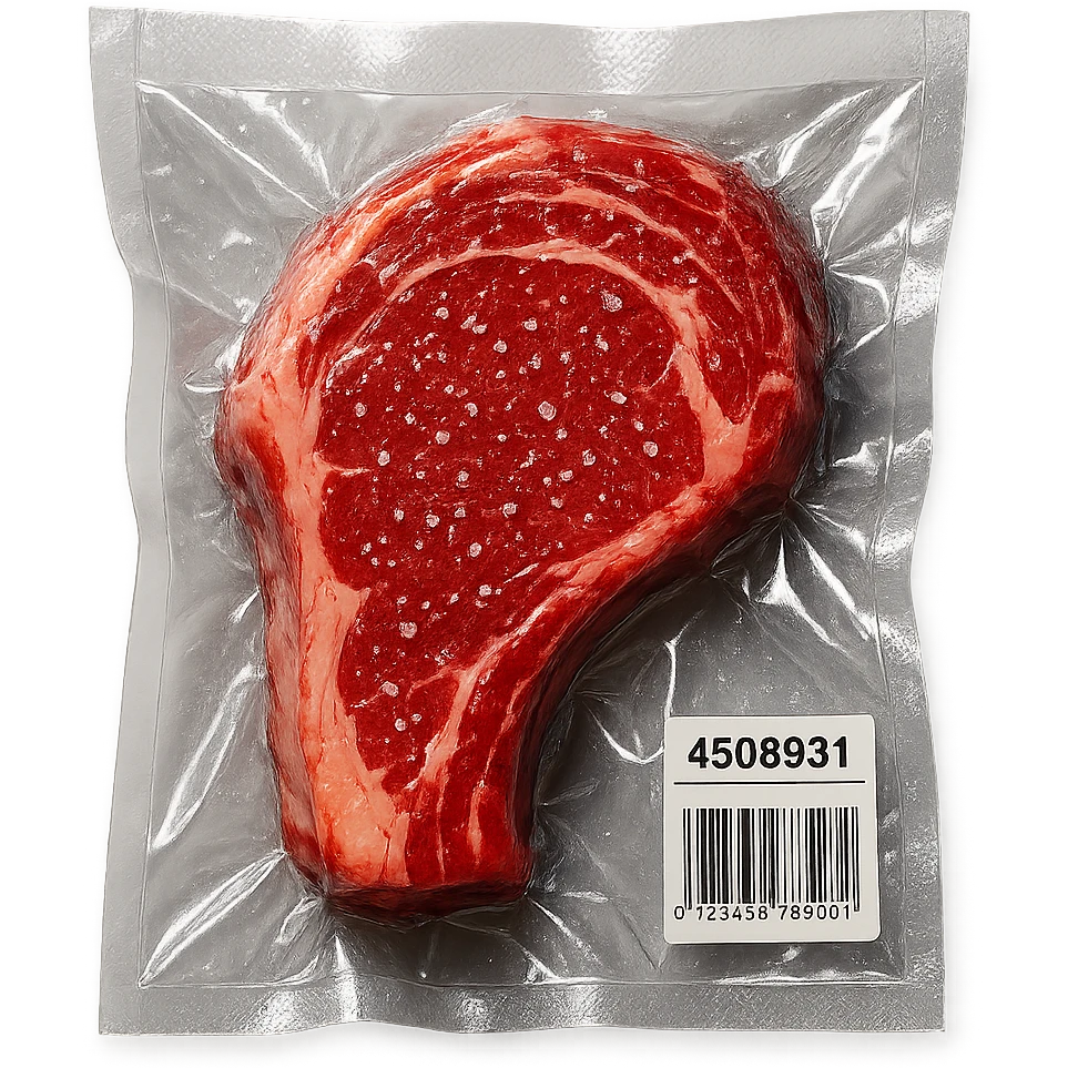 juicy steak sprinkled with tiny crystals, shiny and inflated, vacuum-sealed style emoji