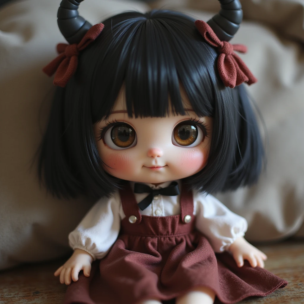 Kuromi character, photorealistic style, soft lighting, gentle smile, plush toy look emoji