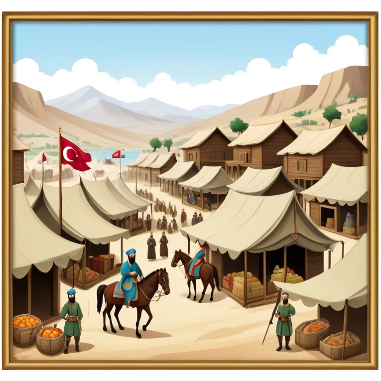 Early Ottoman settlement being built. Wooden houses, tents, and a small market. People in traditional Ottoman clothes, soldiers on horseback, and a flag waving emoji
