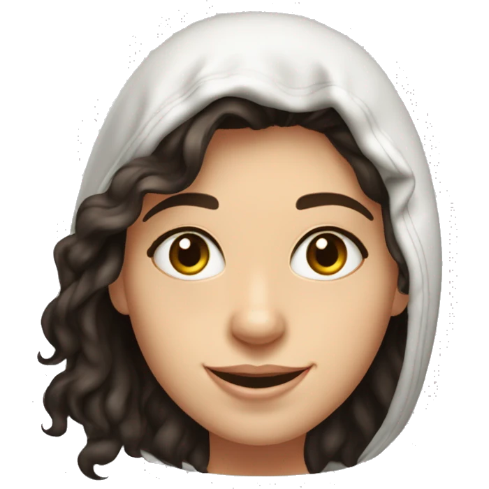 22-year-old woman. Girl with really really dark brown shoulder-length beach waves. Dark brown eyes with a HUGE OPTIMISTIC SMILE." WEST_EUROPEAN WHITE SKIN HOODED EYES NO EARRINGS  BLACK SHIRT WITH Dyslexic on it  emoji