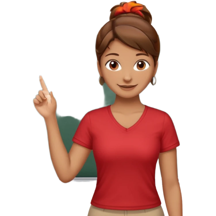 Happy instructor female brown hair whit board hair up red shirt emoji