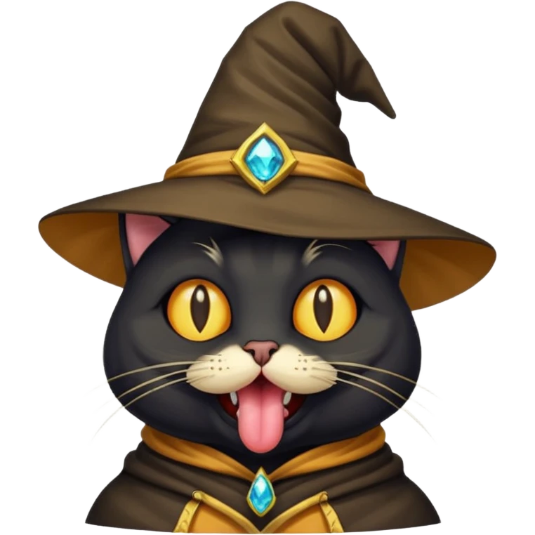 Black cat wizard showing tongue blep while being derpy and all stoned out oh man on the Zaza yeah  emoji