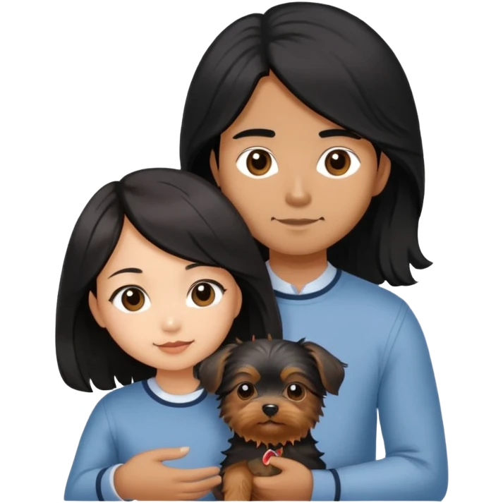 A couple holding holding a small Yorkshire Terrier together. The girl is an Asian girl with long, luscious wavy black hair (loose, no hair tie). She is standing beside a brown-skinned man with a short middle part haircut.  emoji
