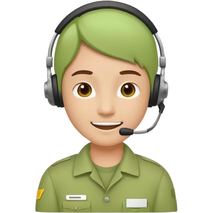 A modern flat emoji depicting a call center employee wearing a light green uniform and headset, with a friendly expression, a minimalist design, bright colors, and a white or transparent background. emoji