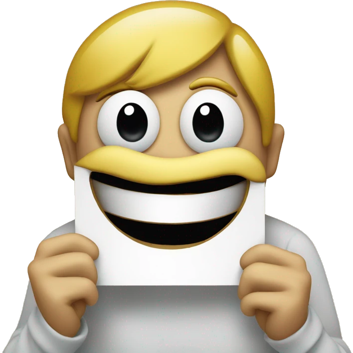 fake big smile emoji holding a sign that says “hahahaha… pls help me” emoji