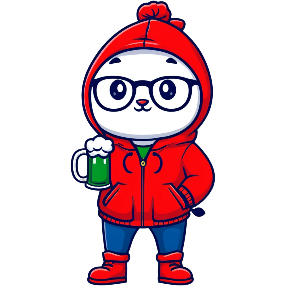 Catfish wearing a red hooded winter jacket, round glasses, blue jeans, red boots, holding a beer can with red label emoji