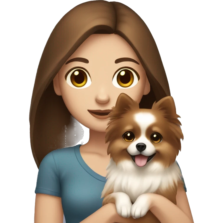 Straight brown hair girl with brown eyes with white skin holding a pomeranian emoji