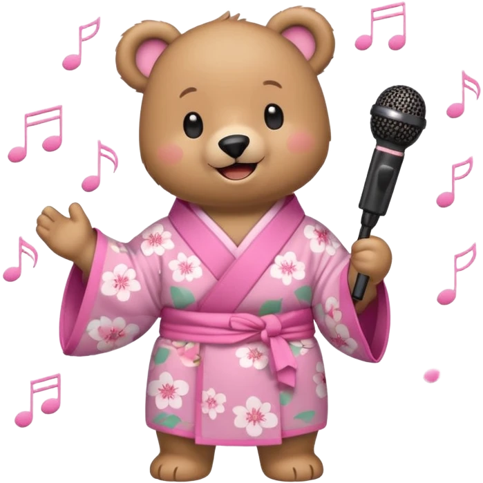 A cute light-brown bear wearing a pastel pink sakura-patterned kimono, normal balanced body ratio.  
Holding a microphone and singing happily, music notes floating around and a bright joyful smile.  
Kawaii emoji style, minimalistic clean sticker illustration, white background. emoji