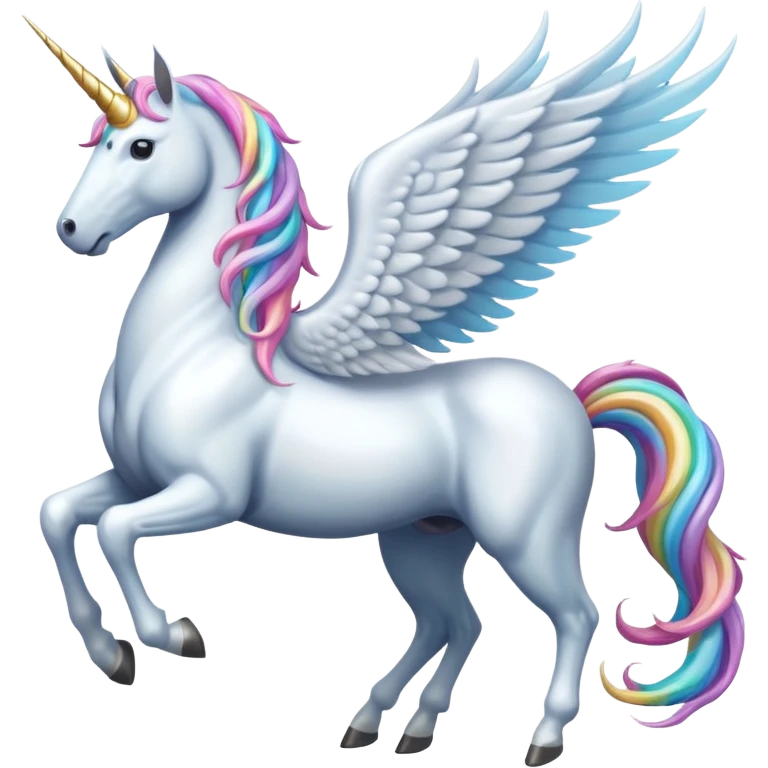 Cinematic Noble Unicorn with wings, slender with a flowing mane and tail and spiraled horn emoji