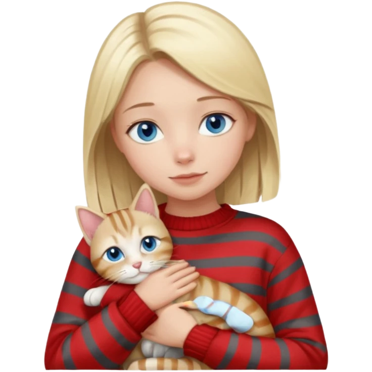 Blonde girl with blue eyes in red sweater cuddling with light grey tabby cat with dark grey stripes emoji