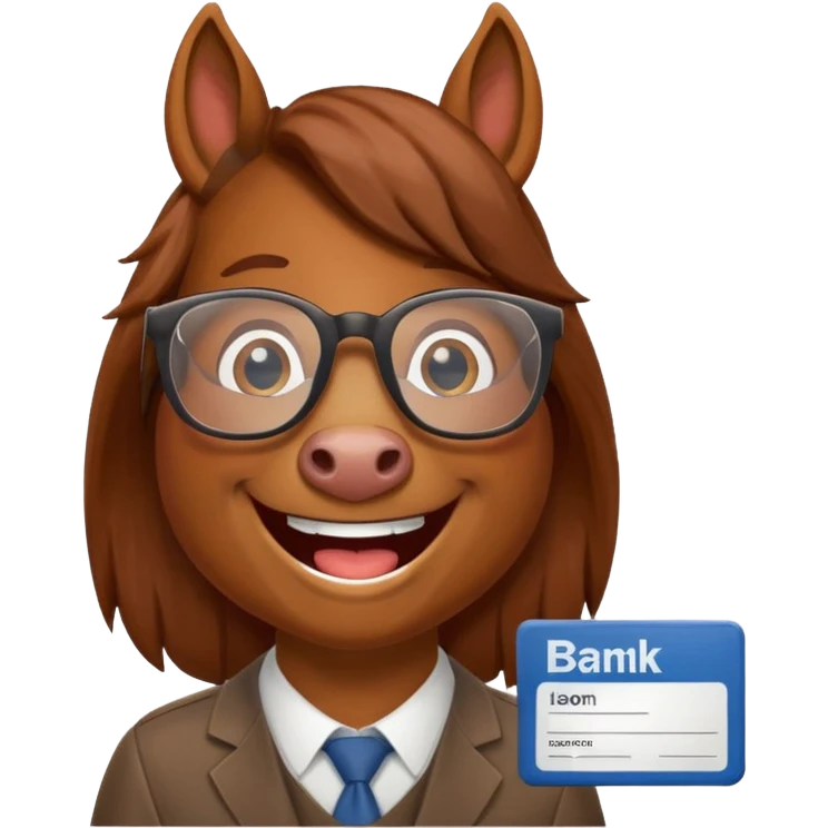 Laughing horse who is a smart bank clerk but laughing emoji