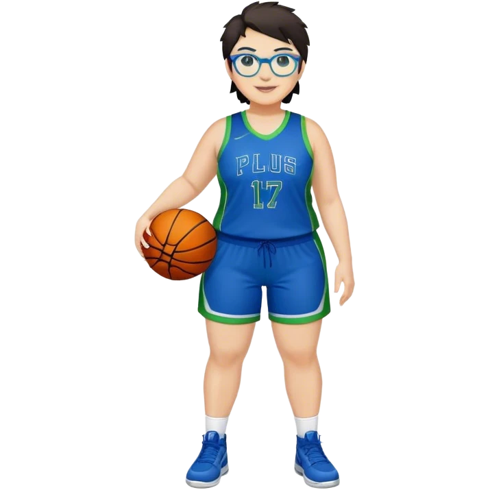 Full Body plus size white female basketball player with short dark hair with highlights spike hair wearing blue glasses  wearing blue green uniform smiling emoji