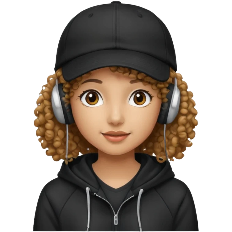 curly haired with headphones in and hoddie girls with cap emoji