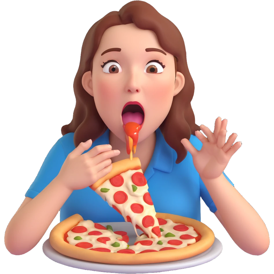 woman with open mouth, drooling, hands grabbing at pizza, hungry expression emoji