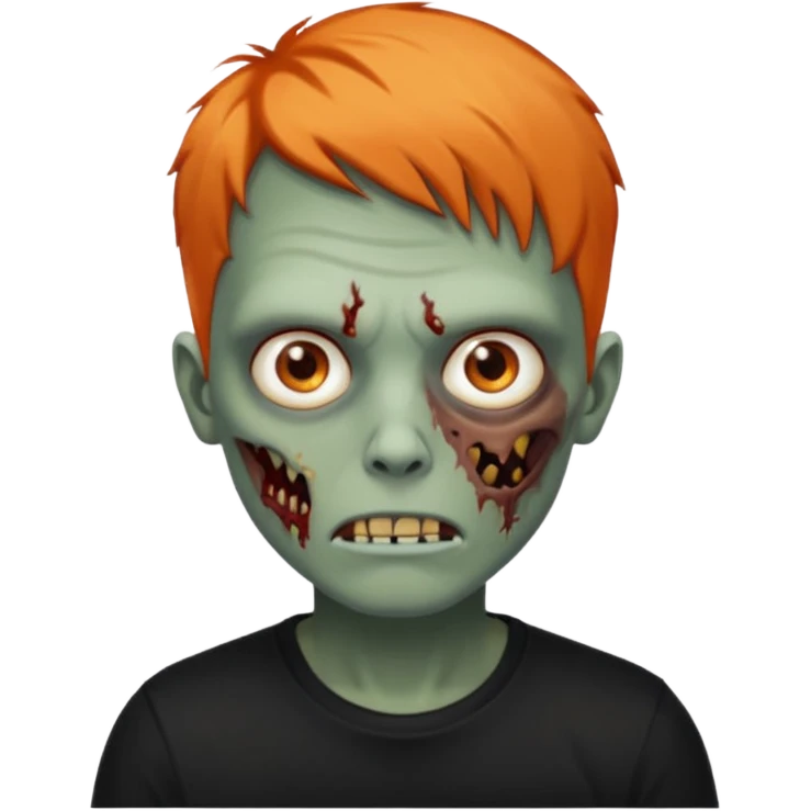 Faça uma zumbi com cabelos curtos e laranja, deve estar vestindo uma camisa preta e ter seus olhos castanhos emoji