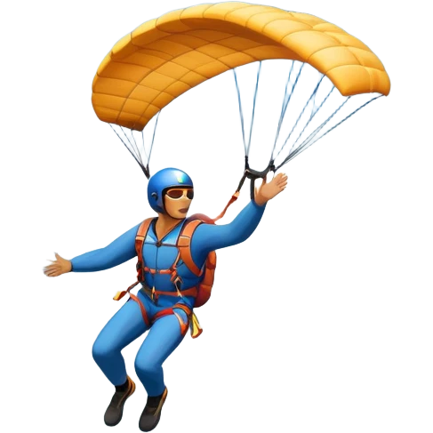 A base jumper soaring through the sky, with a parachute deployed, gliding over a dramatic cliffside or tall building. The background showcases a vast landscape below, with clouds and open skies, emphasizing the adrenaline and freedom of the sport emoji