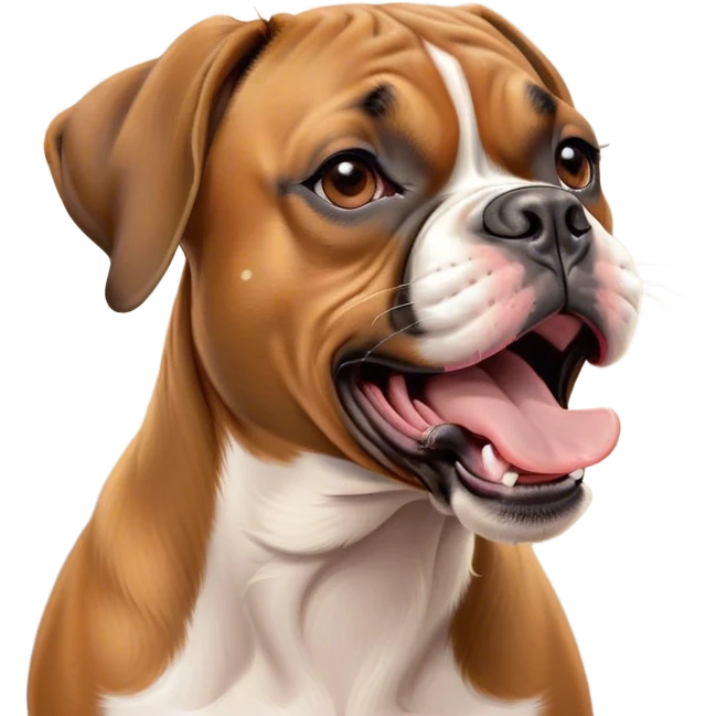 Cinematic Cute Yawning Fawn Boxer dog Portrait Emoji, Head tilted slightly with a dramatic, wide-open yawn, showcasing a short fawn Fur with a crisp white muzzle and chest, floppy ears slightly drooping, round brown eyes barely open in drowsy contentment, Simplified yet irresistibly adorable features, highly detailed, glowing with a soft, cozy glow, high shine, relaxed yet expressive, stylized with a touch of whimsy, bright and endearing, soft glowing outline, capturing the essence of a sleepy yet affectionate guardian, so drowsy it feels like it could stretch right out of the screen and curl up for a nap! emoji