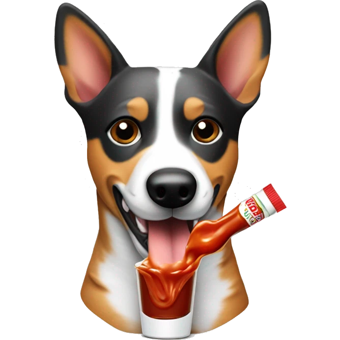 Australian cattle dog holding tobasco sauce emoji
