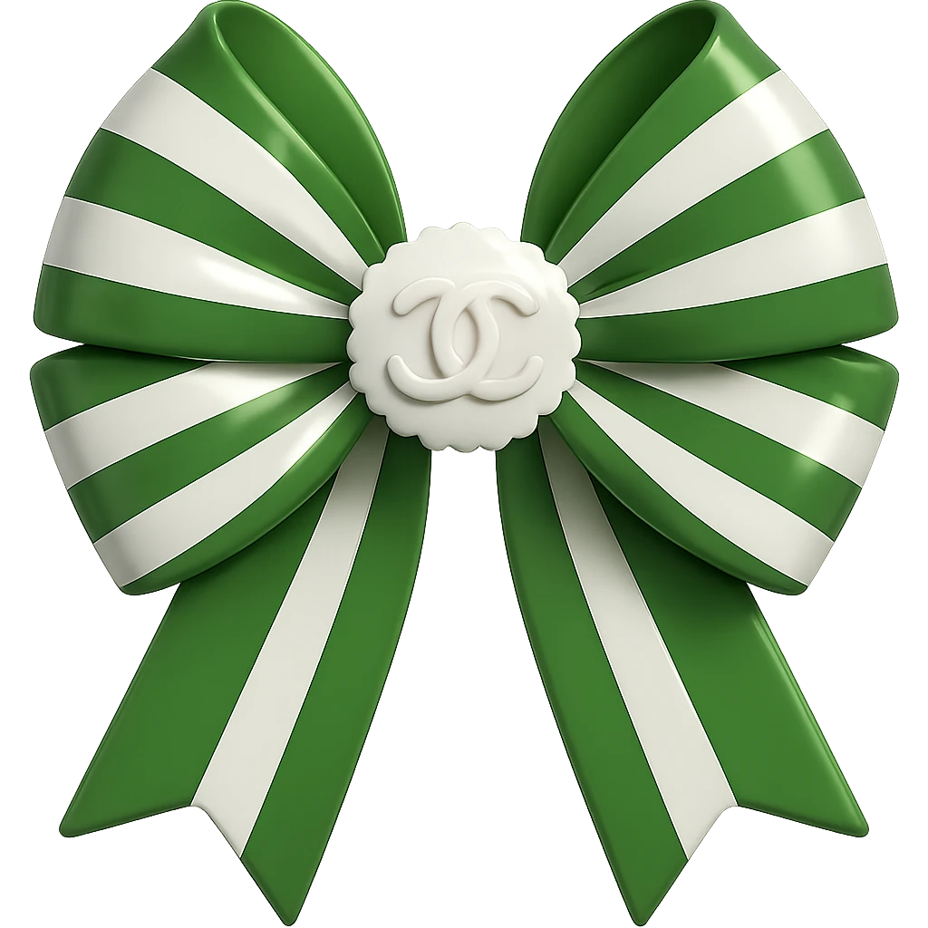 Change the striped bow to green and white stripes, keep the small white Chanel logo visible, make it shiny, elegant, and in a 3D emoji style. Remove the background. emoji