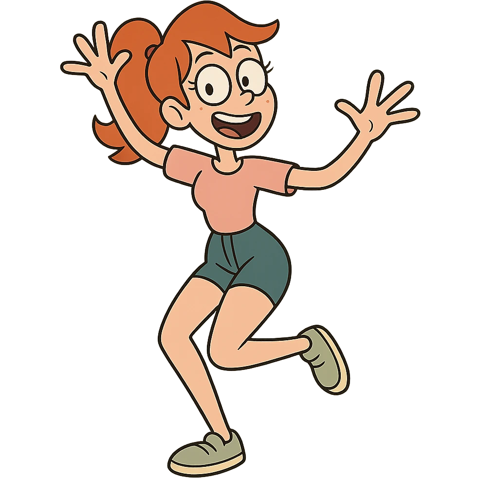 red-haired girl in a playful pose, cartoonish and exaggerated emoji