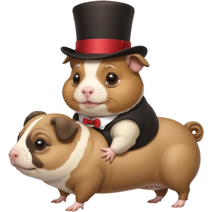 a cute guinea pig wearing a top hat riding on the back of a chubby pug emoji