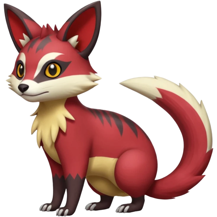 Red, brown, black, white, yellow, Zangoose-Cacomistl-Genet-Civet-Rattata-Skitty-Noibat-Purrloin-Fakemon-hybrid-creature (full body) emoji