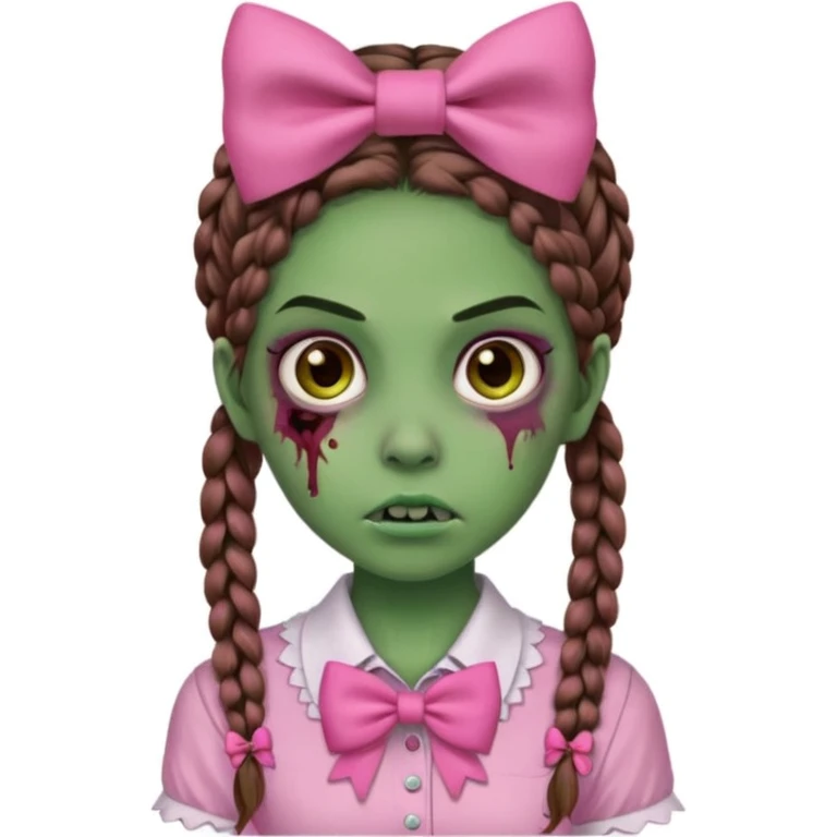 Garota zumbi com pele verde, tranças castanhas no cabelo, olhos castanhos, laço rosa na cabeça e camisa rosa emoji