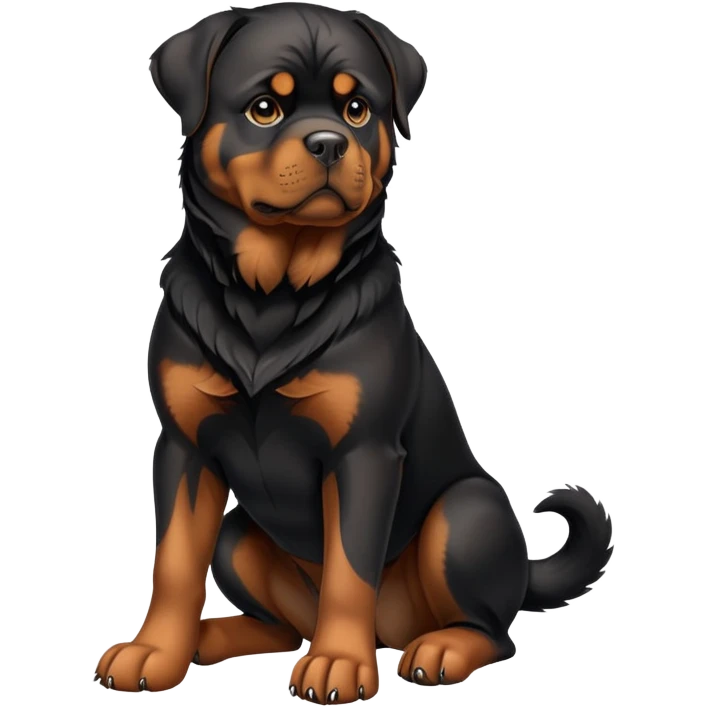 cinematic-[rottweiler]-realistic-full-body-sitting-emoji,-tail-resting-loosely-beside-its-paws,-head-tilted-dramatically, -sleek-[Black and brown]-fur,-simplified-yet-realistic-focused-features,-highly-detailed,-glowing-with-an-almost-sarcastic-glow emoji