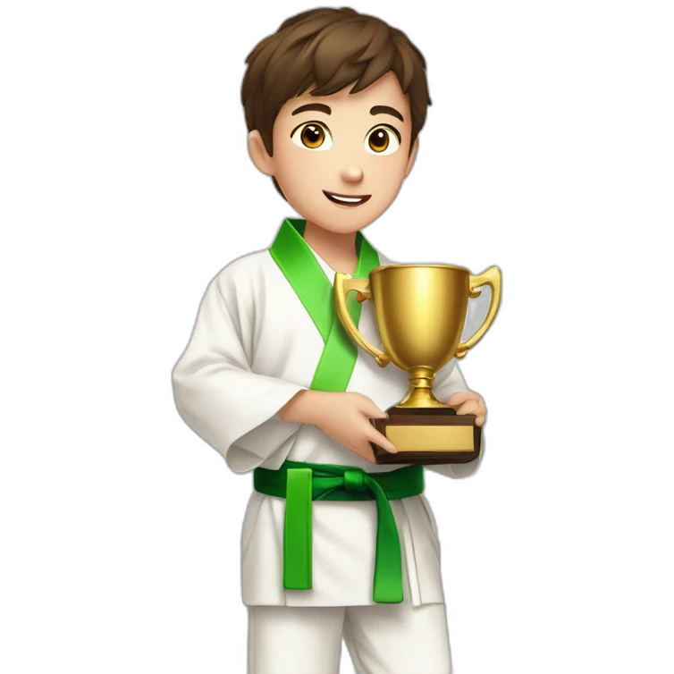 a 12-year-old boy with brown hair in a white kimono with a green belt holds a prize gold cup with two hands emoji