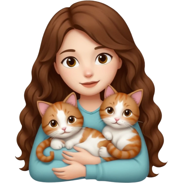 girl with long wavy brown hair cuddling with 6 cute cats emoji