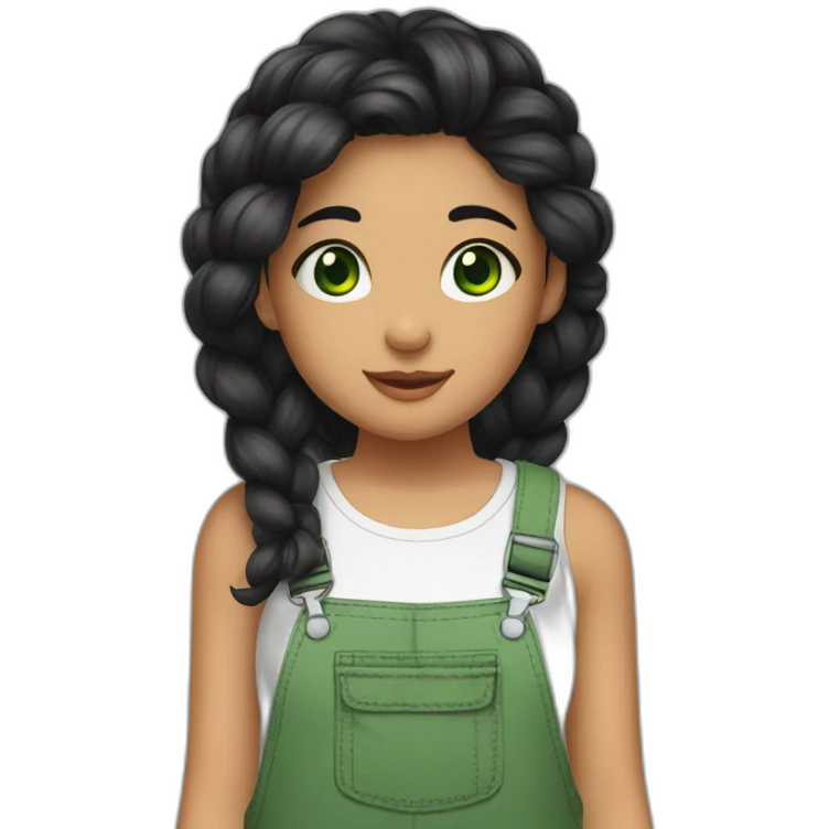 A girl with green eyes and black hair with a braid and wearing a tank top with overalls and flip flops and beside her a pet emoji