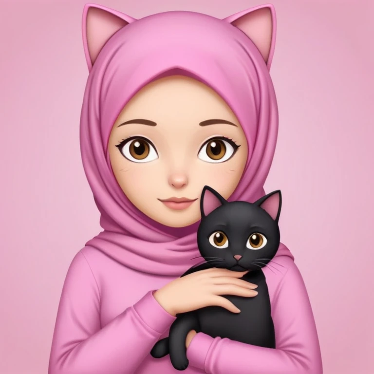 Pretty woman brown eyes white girl with pink hijab and cute long sleeve top holding a black cat emoji