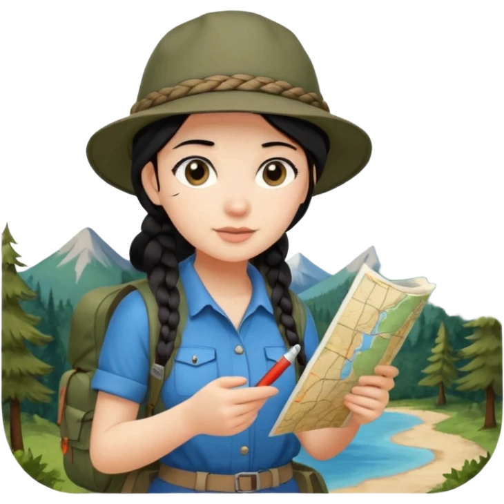 A braid black hair backpacking woman checking her map with curious eyes while walking with camping hat full body emoji