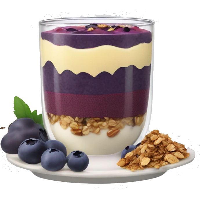 Açaí in a clear cup with layers of fruits and granola and condensed milk emoji