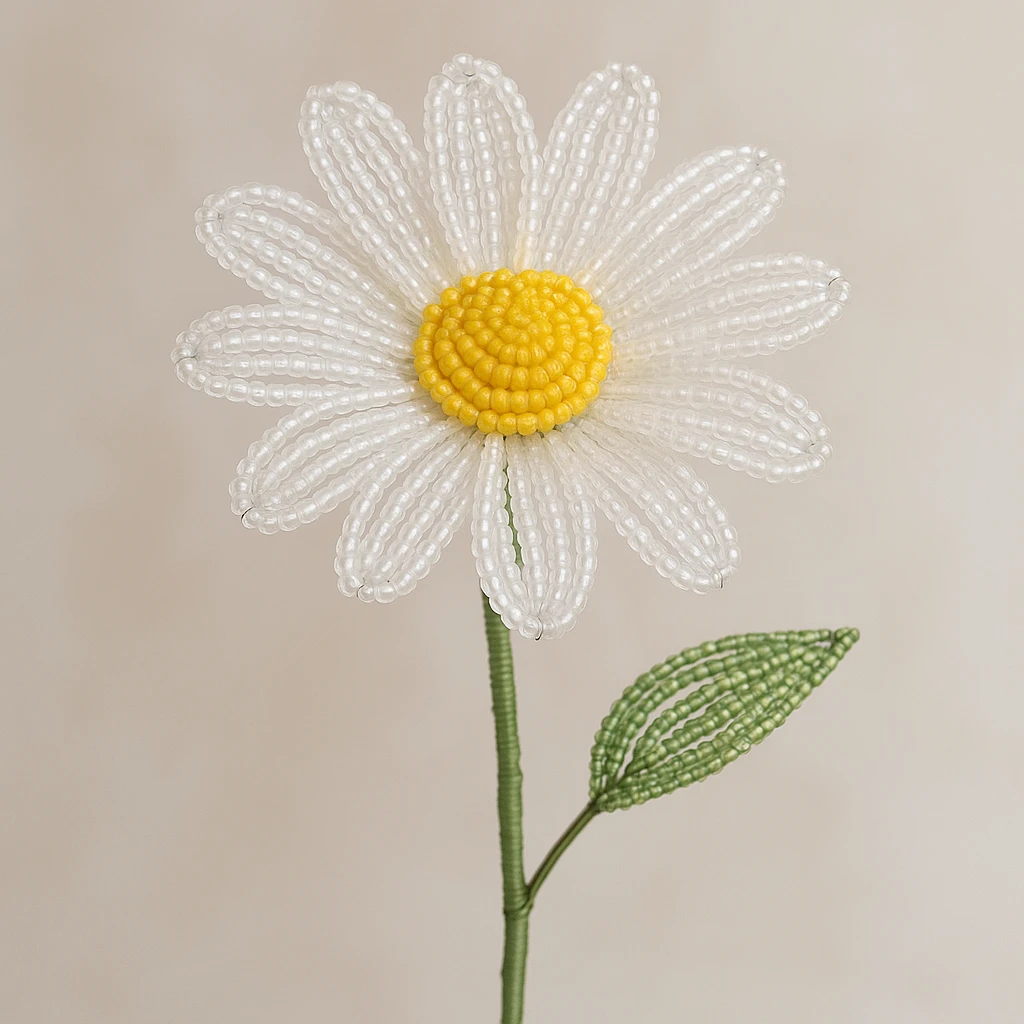french beaded white daisy, delicate glass seed beads, wirework, bright yellow center, realistic flower shape, intricate beadwork, soft white petals, yellow beaded center, green stem, elegant and cheerful, translucent white beads, fine wire, fresh and natural look, shimmering glass beads, handcrafted floral art, yellow center emoji
