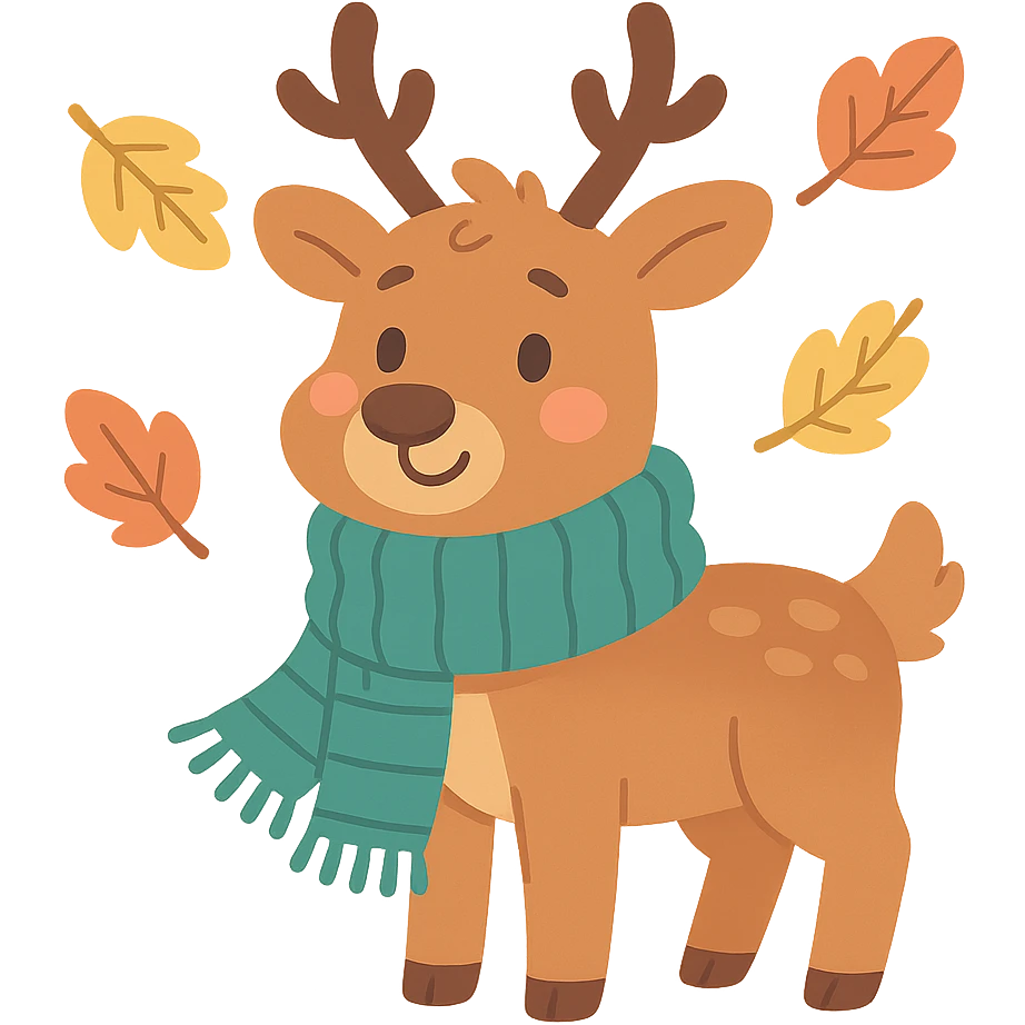 deer in a wooly scarf among falling leaves, cozy fall palette, pastel-toon style emoji