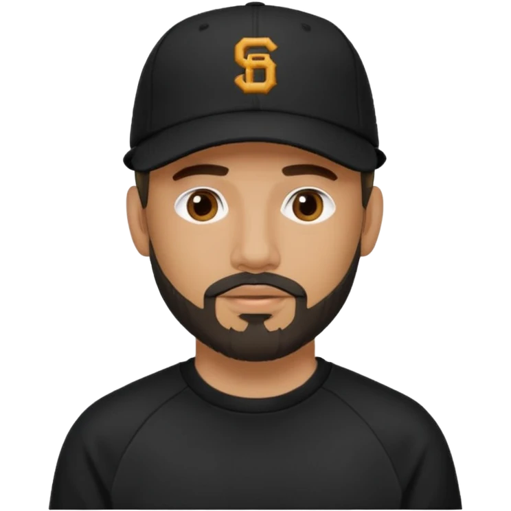 Hombre con la cara oculta, con barba fina y perilla, gorra negra de baseball bordada con un 08, y sudadera negra emoji